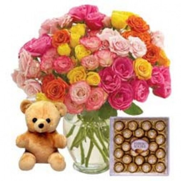 50 Mixed Roses Bouquet wrapped in a crape paper with a 6 inches Teddy and 24 Pcs Ferrero Rocher Chocolate Box